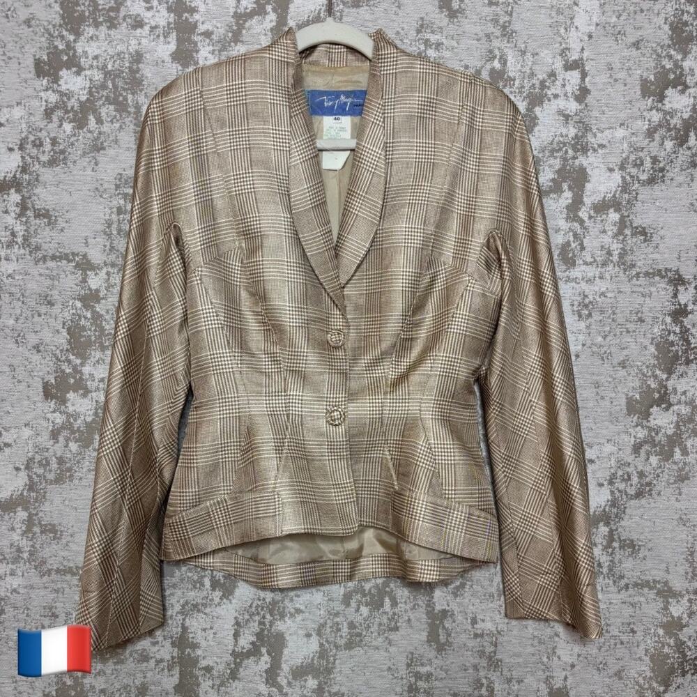 Thierry Mugler Vintage Plaid 100% Silk Jacket in Beige/Tan